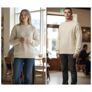 Carraig Donn Mens /Womans Ivory Cable Knit Sweater 100% Wool  Size M # 1117